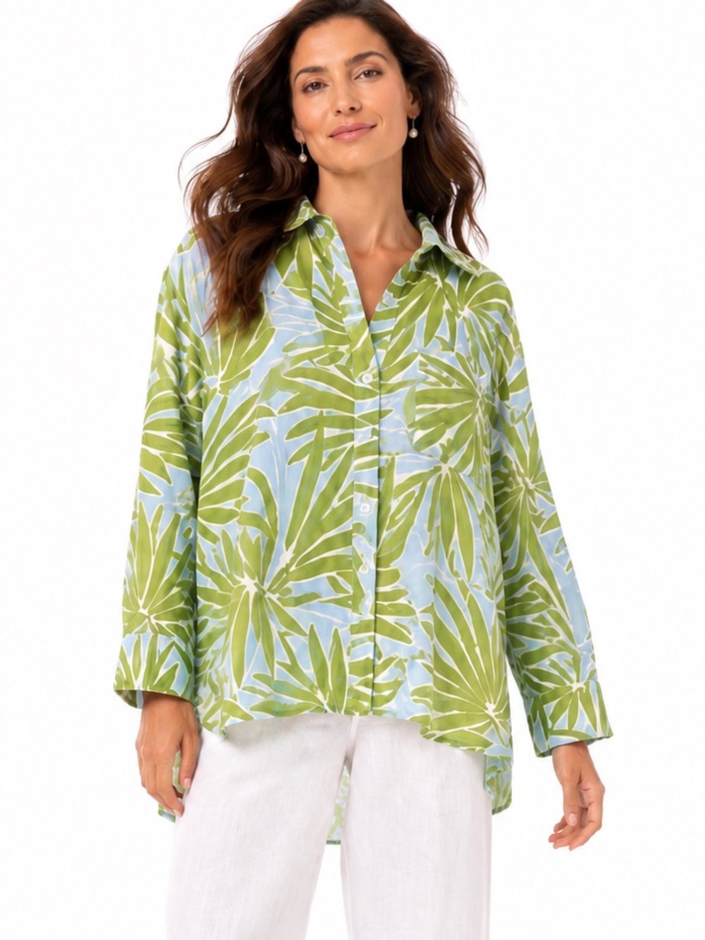 Resort Linen Palm Print Oversized Button Down Blouse M